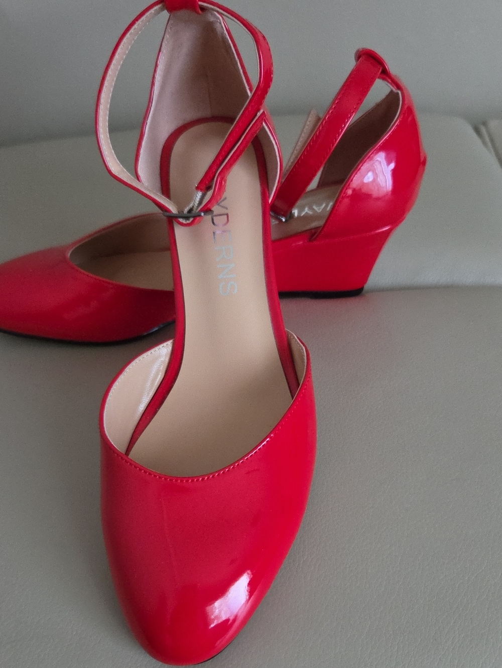 Red Patent Ankle-Strap Wedge Pumps Size 7.5